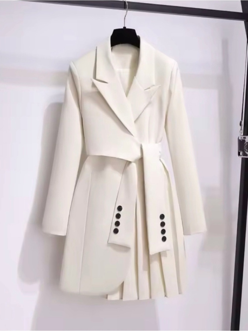Asymmetrical Cream Wrap Blazer Dress with Pleated Hem